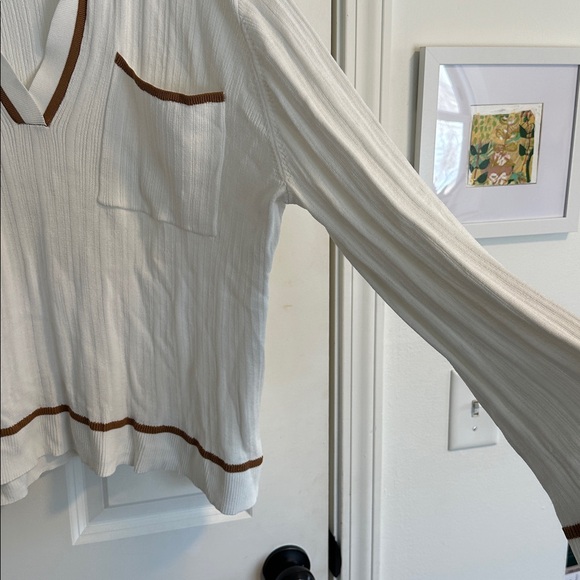 NWOT SABO Adair Oversized White Knit Polo with Tan Tipping size S - Picture 9 of 16